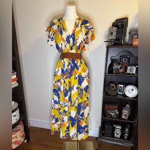 Anthropologie Blue and Yellow Midi Dress